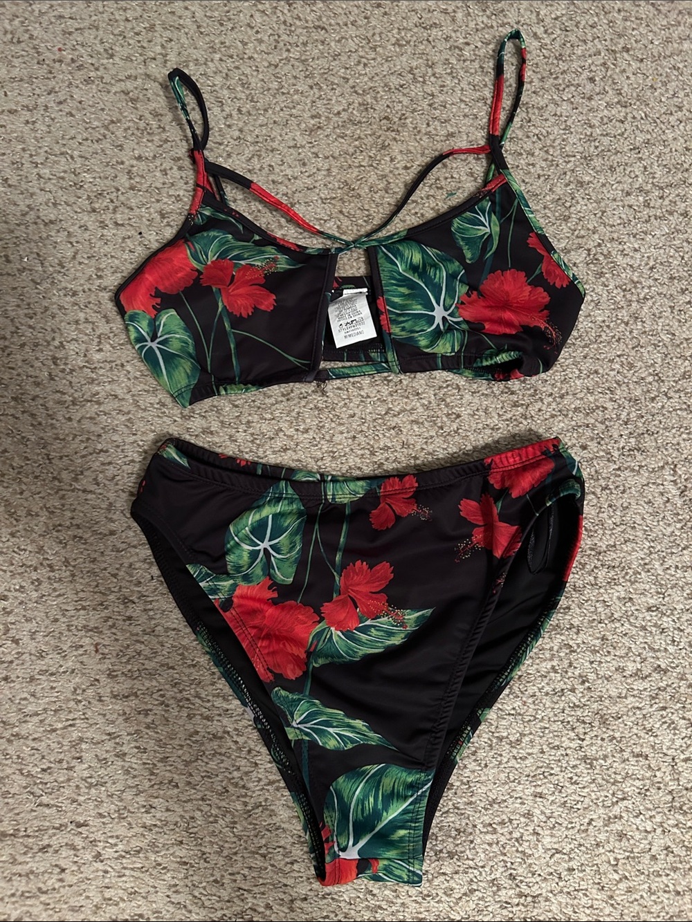 Fashion Nova Black Floral Bikini with Red & Green Tropical Print